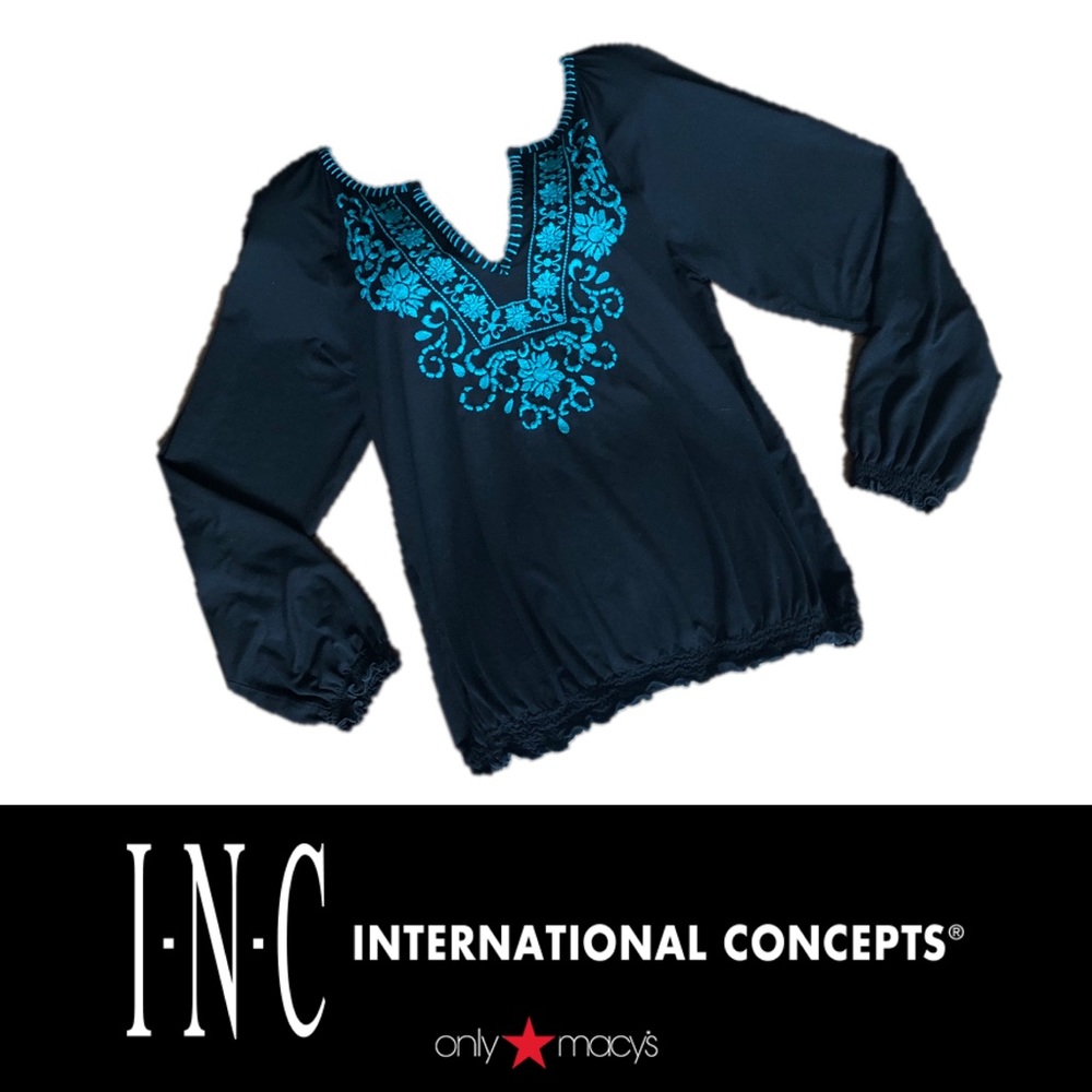 INC black long-sleeve shirt & teal embroidery (SM)